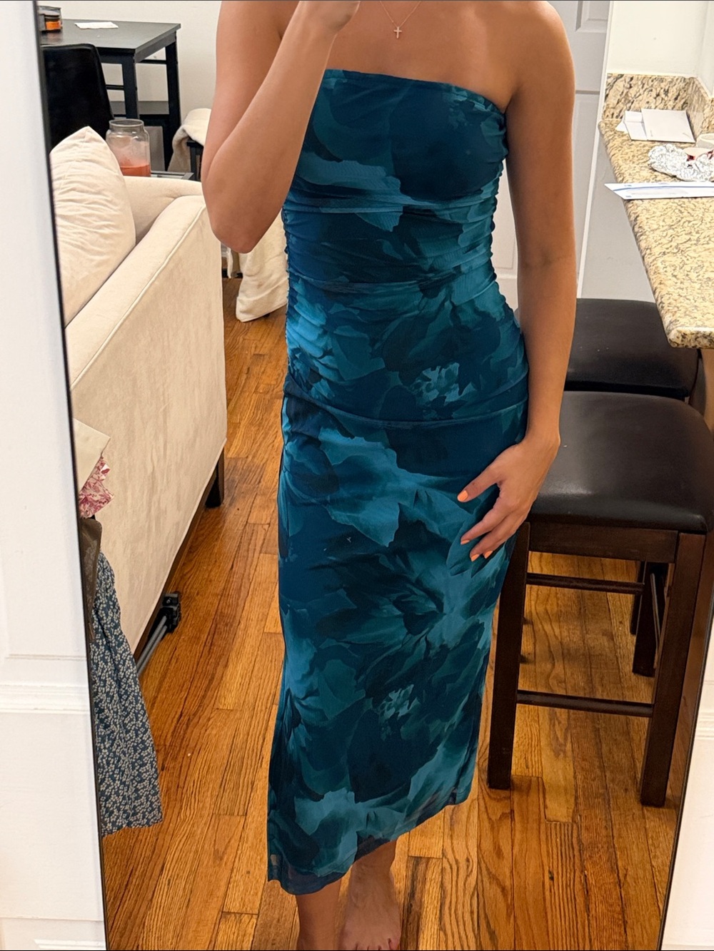 Pretty Garden Strapless Blue Teal Floral Midi Dress size Small